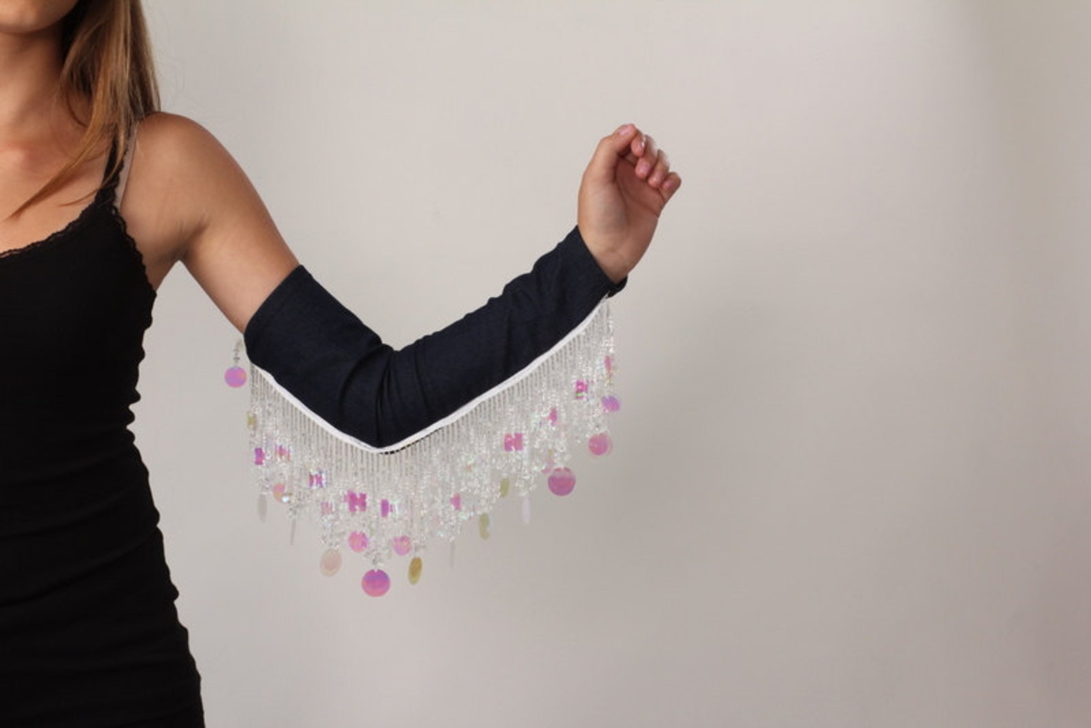 Fashion Arm Sleeves, Fringe Arm Band in Irridescent Sequin, Beads