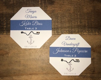 Navy Anchor Beach Badge Place Cards with Name and Number on Top