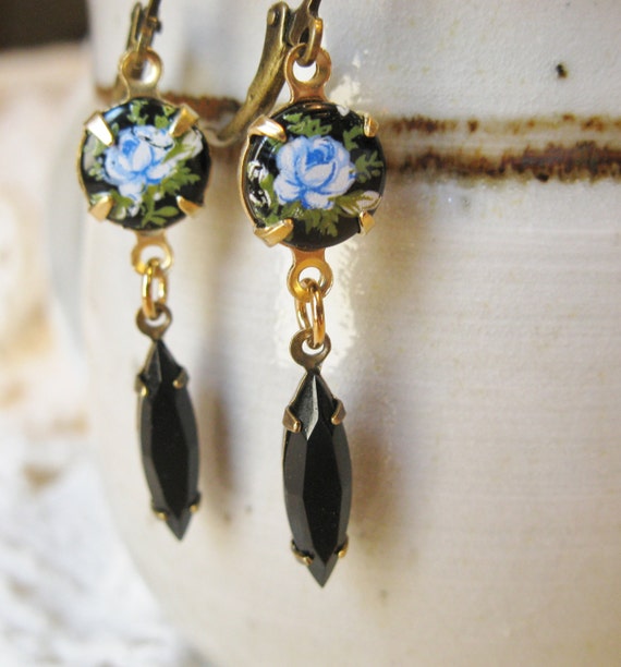 Items similar to Vintage Blue Rose Earrings, Black Blue Earrings ...