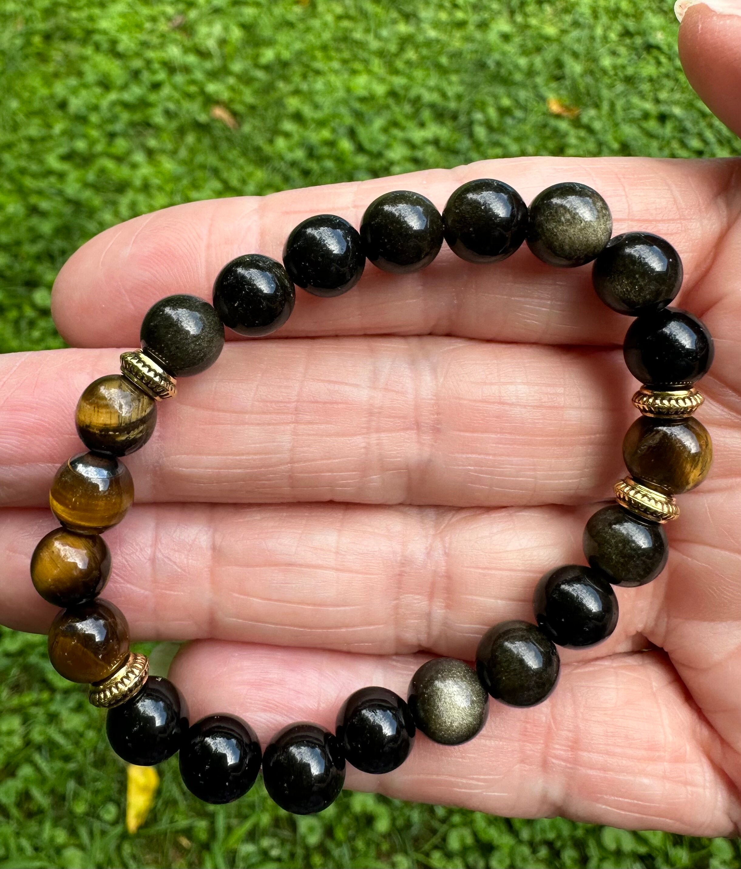 Tigers Eye and Golden Obsidian Crystal Stretch Bracelet