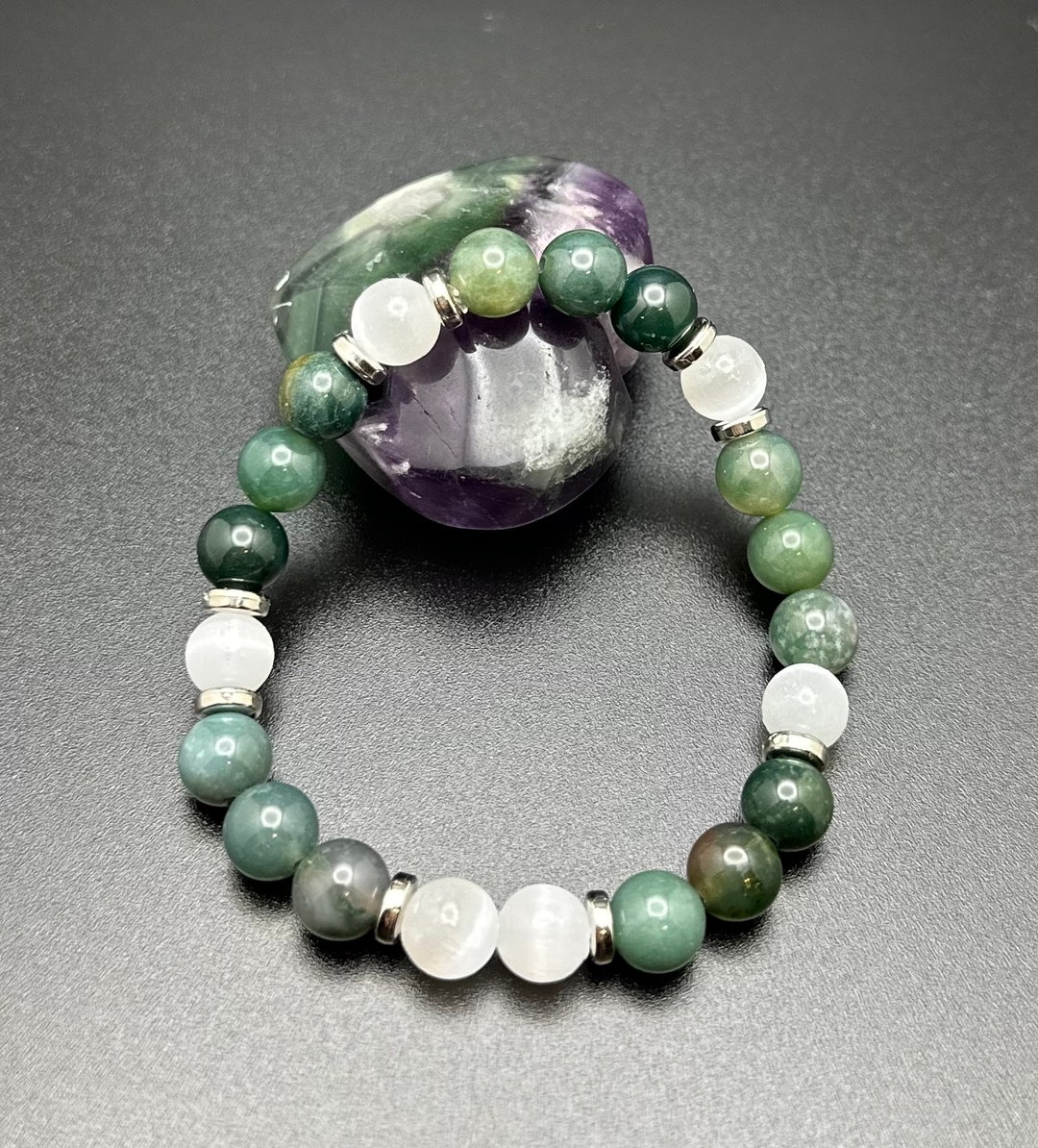 Jade and Selenite Crystal Stretch Bracelet - Shipping  display picture 1