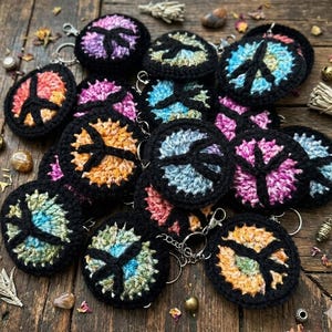 May include: A collection of round, crocheted keychains featuring a black peace sign symbol centered on a multi-colored, variegated yarn background. Each circular piece is bordered by a thick black yarn edge and includes a metal keyring attachment.