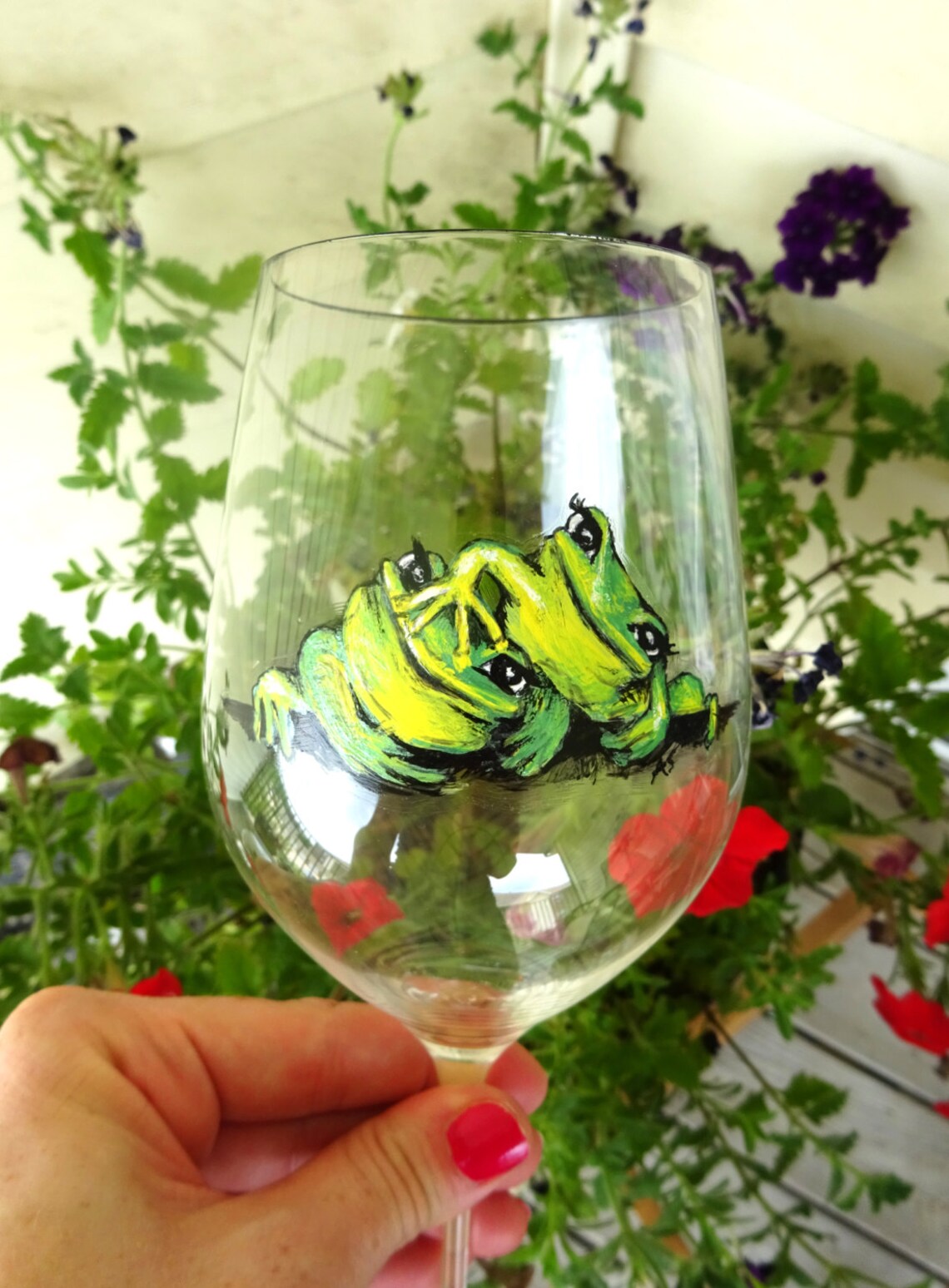 Cute Frogs' In stock. Hand painted wine glass. Price is Etsy