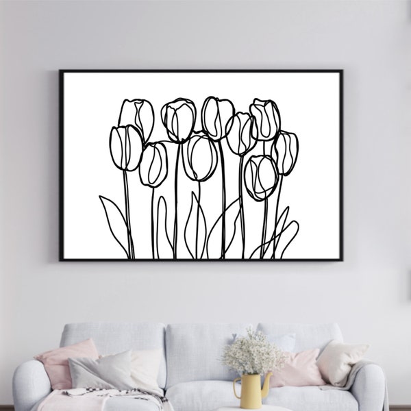 Dessin au trait fleurs tulipes, dessin numérique, art mural, décoration de maison, minimaliste, noir et blanc, imprimé floral, impression à la demande