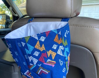 Blue Aztec Print Car Trash Bag: Washable Headrest Garbage Can