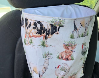 Farm Animal Print Car Trash Bag, Washable Headrest Garbage Can