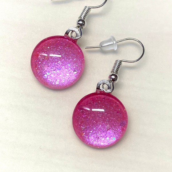 Pink Fire Opal iridescent glitter earrings nail polish jewelry square round dangle style ear wires fishhooks ear hooks