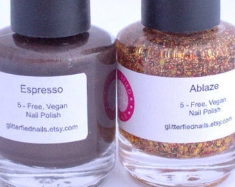 Brown nail polish set, brown bronze copper, Fall Autumn nails, glitter topper and base color set, copper glitter, neutral nails,