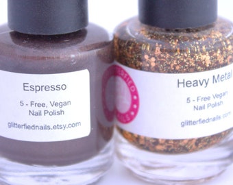 Brown nail polish set, brown bronze copper, Fall Autumn nails, glitter topper and base color set, copper glitter, neutral nails, indie nails