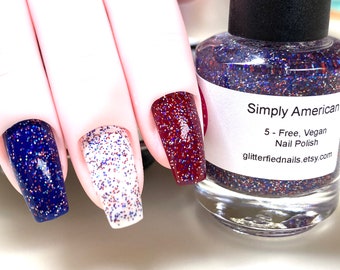 Simply American - Rouge blanc bleu argent, vernis à ongles pailleté, décoration à paillettes patriotique, vernis à ongles drapeau, 4 juillet, Amérique, États-Unis