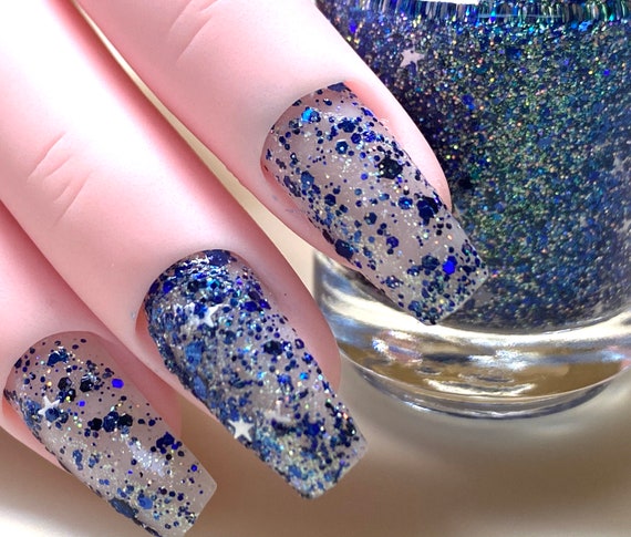 Luxe Blue Glitter Accent Press-on Nails Gel Polish Nail Art - Etsy India