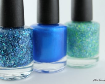 Nail polish set Turquoise Teal Blue Glitter Nail Polish Caribbean Blue 5 free nail polish handmade indie nail polish vegan cruelty free nail