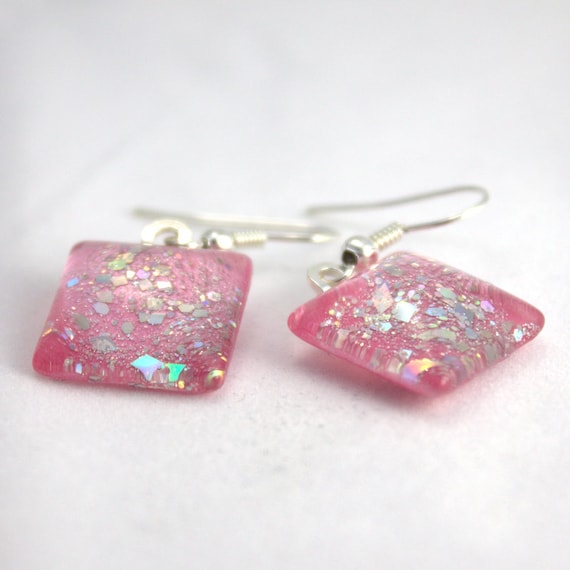 Soft Pink sparkle earrings, silver holo glitter earrings, nail polish jewelry, handmade lead-free, nickle-free earrings, gift box