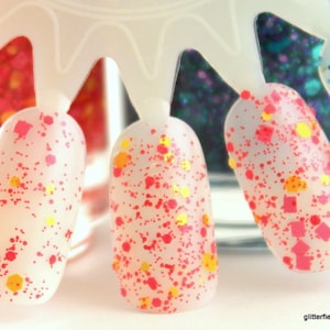Caribbean Sunset - Coral Lemon Hot Pink Glitter Nail Polish Warm Citrus Colors 5 free nail polish handmade indie vegan cruelty free nail