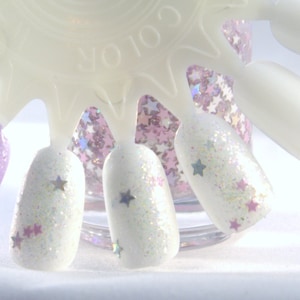 Unicorn Magic - Star Nail Polish, Pink, white and silver stars, iridescent nail polish, glitter polish, vegan, handmade, indie nail polish