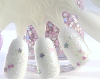 Unicorn Magic - Star Nail Polish, Pink, white and silver stars, iridescent nail polish, glitter polish, vegan, handmade, indie nail polish