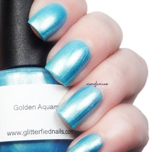 Golden Aquamarine Aqua Blue Shimmer Nail Polish Turquoise 5 free nail polish handmade indie nail polish vegan cruelty free nail polish