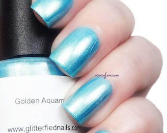Golden Aquamarine Aqua Blue Shimmer Nail Polish Turquoise 5 free nail polish handmade indie nail polish vegan cruelty free nail polish