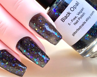 Black Opal - Black Nail Polish Jelly Polish Opalescent Iridescent Glitter handmade indie nail polish vegan cruelty free nail polish