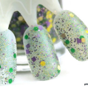 Nola - Mardi Gras nails green yellow purple glitter nail polish gold holographic 5 free nail polish vegan cruelty free handmade indie polish