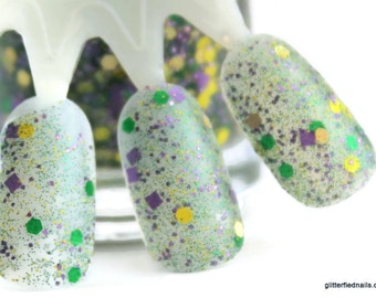 Nola - Mardi Gras nails green yellow purple glitter nail polish gold holographic 5 free nail polish vegan cruelty free handmade indie polish