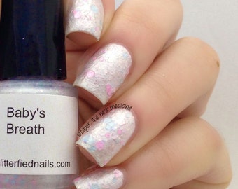 Baby&#39;s Breath - Pearl White Blue Pink Glitter Nail Polish Spring polish 5 free nail polish handmade indie nail polish vegan cruelty free