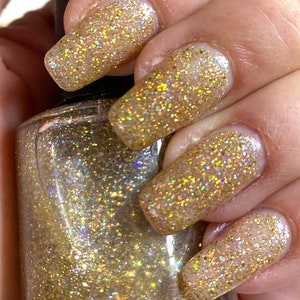 Halo - esmalte de uñas con purpurina holográfica dorada, adorno con purpurina dorada, 5 esmaltes de uñas hechos a mano gratis, esmaltes de uñas independientes, veganos y libres de crueldad animal