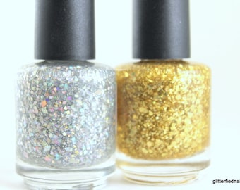 Nail polish set Silver Gold Glitter Nail Polish 5 free nail polish handmade indie nail polish vegan cruelty free nail polish holographic
