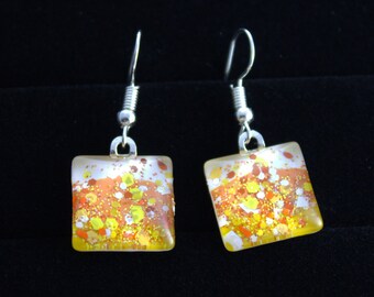 Candy Corn earrings, yellow orange white, glitter earrings, Halloween jewelry, fish hook earrings, ear wire