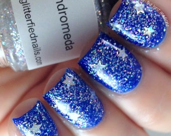 Andromeda -Holographic Iridescent Glitter Nail Polish Silver Stars nail polish handmade indie nail polish vegan cruelty free nail