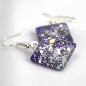 Purple sparkle earrings, silver holo glitter earrings, nail polish jewelry, handmade lead-free, nickle-free earrings, gift box