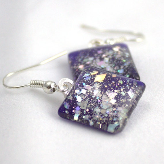 Purple sparkle earrings, silver holo glitter earrings, nail polish jewelry, handmade lead-free, nickle-free earrings, gift box