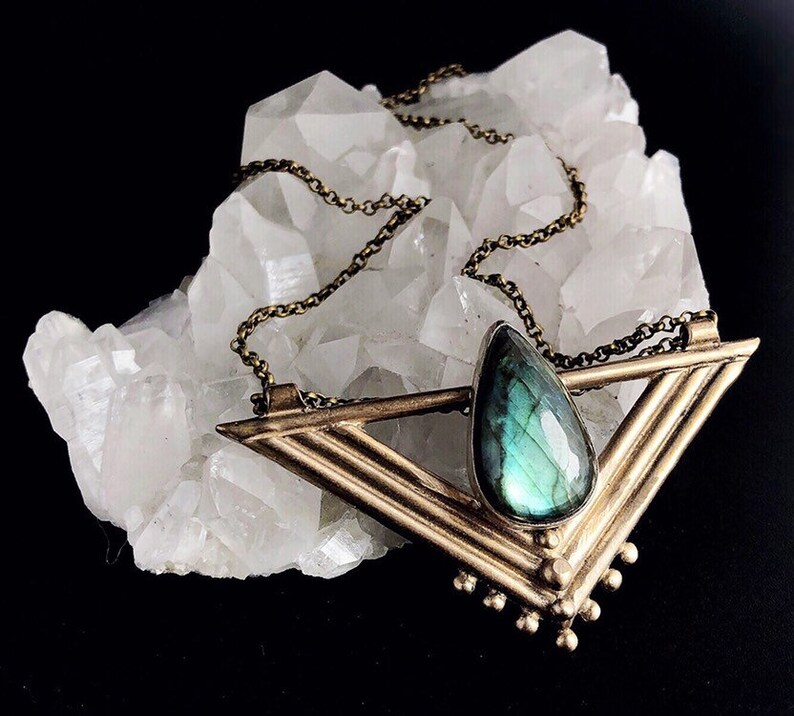Statement Necklace Labradorite Wadjet Necklace Goddess Jewelry Bronze Triangle Necklace