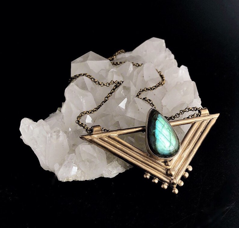 Statement Necklace Labradorite Wadjet Necklace Goddess Jewelry Bronze Triangle Necklace