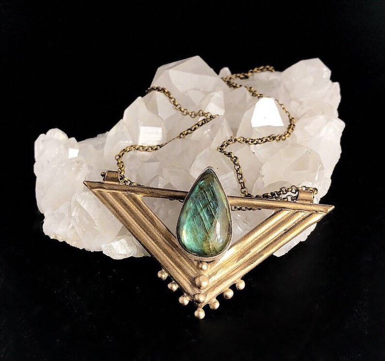Statement Necklace Labradorite Wadjet Necklace Goddess Jewelry Bronze Triangle Necklace