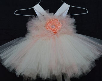 Ivory and Peach Tulle Pettiskirt with Fluffy top. Great for Weddings, Photo Shoots, Birthday, Baby Showers or Newborn Gift.