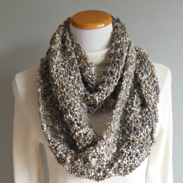 Gray Caramel Cream Hand Knit Fashion Infinity Scarf Multicolored Circle Loop Scarf