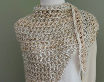 Hand Made Wrap, Crocheted Triangle Scarf, Crocheted Shawl, Open Weave Shawl, Wrap, Scarf with Lion Homespun Yarn in Pearls