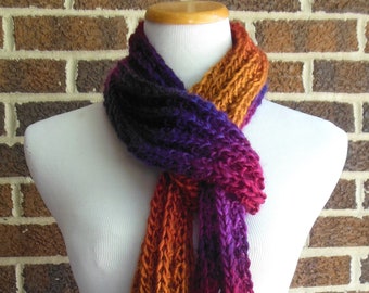 Long Ribbed Hand Knit Scarf With Lion Brand Landscapes Ombre Yarn In Volcano