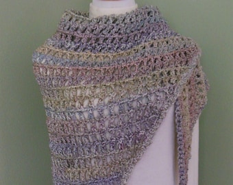 Hand Made Wrap, Crocheted Triangle Scarf, Crocheted Shawl, Open Weave Shawl, Wrap, Scarf with Lion Homespun Yarn in Tudor Pastel Colors