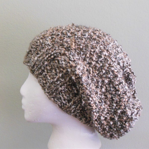 Hand Knit Gray Cream Caramel Slouchy Hat Hand Knit Gray Cream Caramel Beret with Lion Brand Homespun Yarn in Shaker Gray Cream Caramel