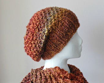 Hand Knit Multicolored Slouchy Hat, Hand Knit Multicolored Beret in Rust, Brown and Gold