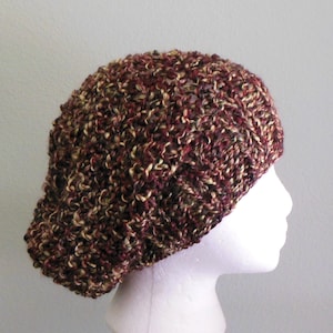 Hand Knit Multicolored Slouchy Hat Hand Knit Multicolored Beret With Lion Brand Homespun Yarn in Bark Black Burgundy Wine and Gold image 1