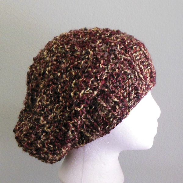 Hand Knit Multicolored Slouchy Hat Hand Knit Multicolored Beret With Lion Brand Homespun Yarn in Bark Black Burgundy Wine and Gold