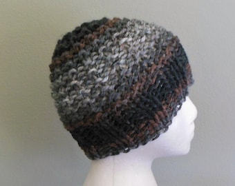 Hand Knit Thick & Chunky Beanie in Black Mocha Grays Hand Knit Thick Chunky Chemo Cap with Charisma Ashes Yarn in Black Mocha and Grays