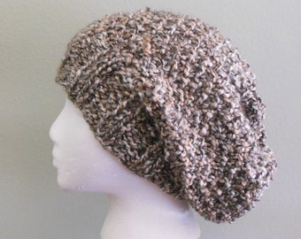 Hand Knit Gray Cream Caramel Slouchy Hat Hand Knit Gray Cream Caramel Beret with Lion Brand Homespun Yarn in Shaker Gray Cream Caramel