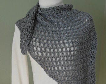 Hand Made Wrap, Crocheted Triangle Scarf, Crocheted Shawl, Light Weight Open Weave Shawl, Wrap, Scarf with Caron Simply Soft in Silver Gray