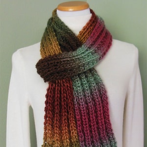 Hand Knit Long Ribbed Knit Scarf With Landscape Ombre Acrylic Yarn in Aqua, Brown, Gold, Olive, Mulberry and Russett