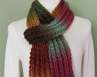 Hand Knit Long Ribbed Knit Scarf With Landscape Ombre Acrylic Yarn in Aqua, Brown, Gold, Olive, Mulberry and Russett