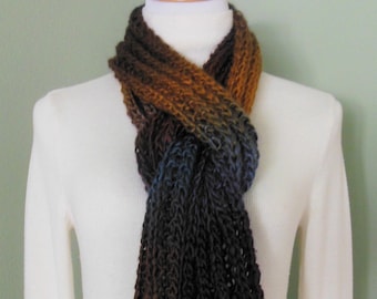 Hand Knit Long Ribbed Knit Scarf With Landscape Acrylic Ombre Yarn in Plum, Brown, Ocher, Russet and Blue